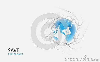 Hands holding a blue globe. Low polygon line, triangles, and particle style design. Abstract geometric wireframe light connection Vector Illustration