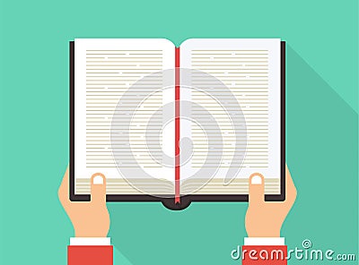 Hands holding book. Reading book concept. Book icon in flat style. Vector Illustration