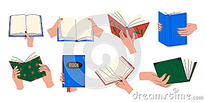 Hands holding books. Group of people reading together, education and learning concept. Vector illustration of people Vector Illustration