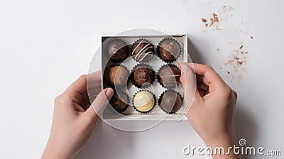 Hands holding box of chocolates on white background Stock Photo
