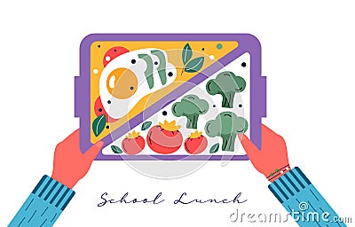 Hands holding breakfast or lunch meals. Food, drinks for Children school lunch boxes with egg, meal, tomato, sandwich, juice, Vector Illustration