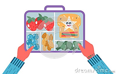 Hands holding breakfast or lunch meals. Food, drinks for Children school lunch boxes with meal, broccoli, sandwich, juice, snacks Vector Illustration