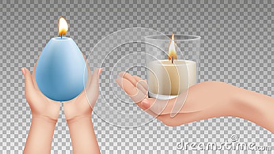 Hands holding candles. Realistic lights, religion symbols. Holiday decorative lighting vector elements Vector Illustration