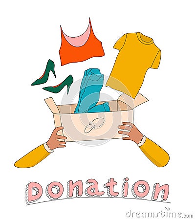 Hands are holding cardboard box with clothes and making donation.Charity and humanitarian aid concept.Swapping,exchanging garment. Vector Illustration