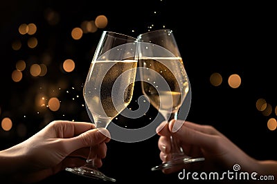 Hands holding champagne glasses for cheers or giving a toast, clinking glasses at party, celebrating and congratulations concept, Stock Photo