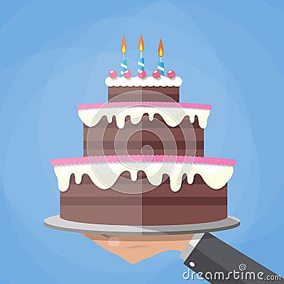 Hands holding chocolate layer cake Vector Illustration