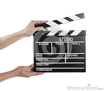 Hands holding a clapper board Stock Photo