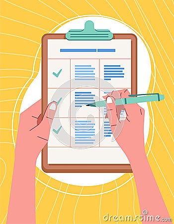 Hands holding clipboard with checklist with green check marks and pen filling list on notepad to-do list Vector illustration flat Vector Illustration