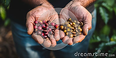 Hands Holding Coffee Berries, Showcasing Different Varieties Of Robusta And Arabica Stock Photo