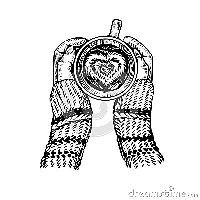 Hands holding coffee cup or cappuccino with foamy heart , vector illustration. Vector Illustration