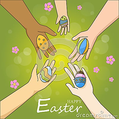 Hands holding colorful easter eggs. Vector Illustration