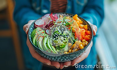 Hands holding a colorful poke bowl. Stock Photo