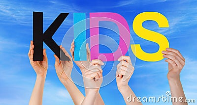 Hands Holding Colorful Straight Word Kids Blue Sky Stock Photo