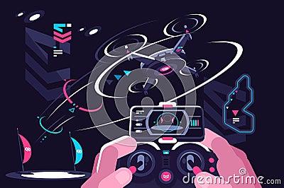 Hands holding controller flying drone quadcopter. Vector Illustration