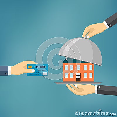 Hands holding credit card and cloche with house. Vector Illustration