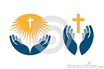 Hands holding Cross, icons or symbols. Religion, Church vector logo Vector Illustration