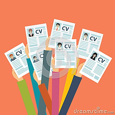 Hands holding CV papers. Human resources management concept, searching professional staff, analyzing resume papers, work Cartoon Illustration