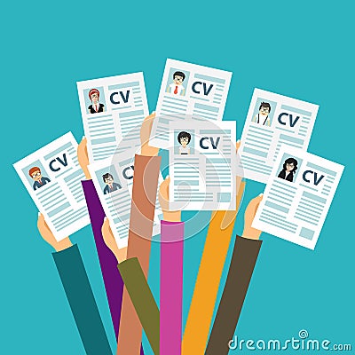 Hands holding CV papers. Human resources management concept, searching professional staff, analyzing resume papers, work Vector Illustration