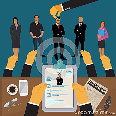 Hands holding CV profile to choose from group of business people to hire, interview, hr, Vector Illustration Vector Illustration