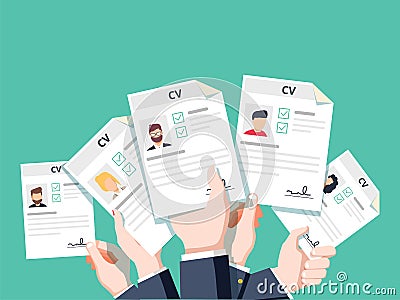 Hands holding cv resume documents. Applying for job Vector Illustration