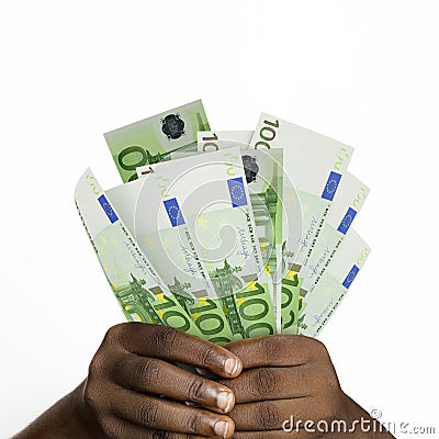 hands holding 3D rendered 100 Euro notes. closeup of Hands holding Euro currency notes Stock Photo