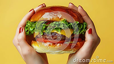 Hands holding delicious burger on vibrant yellow background for enticing food concept Stock Photo