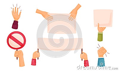 Hands Holding Different Banners and Billboards Protesting Against Something and Voting Vector Set Vector Illustration