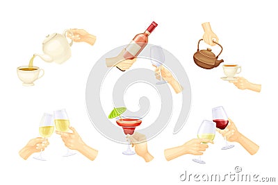 Hands Holding Different Drinks with Glass of Champagne, Wine and Tea Cup Vector Set Stock Photo