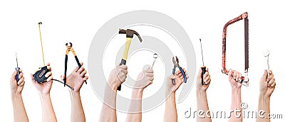 Hands holding different mechanic tool isolated on white background Stock Photo