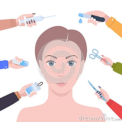 hands holding different medical items around female face cosmetic procedures facial lift reduction treatment skincare Vector Illustration