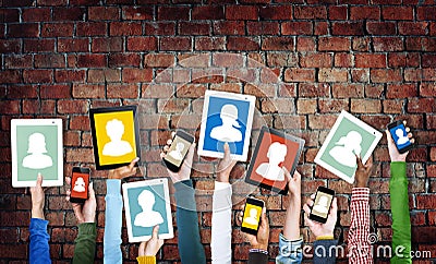 Hands Holding Digital Devices with Avatars Stock Photo