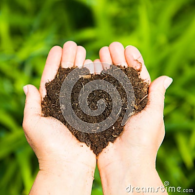 Hands holding an earth heart on natural green background. Ecology concept Stock Photo