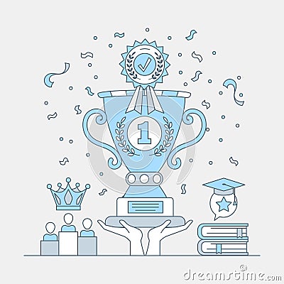 Hands holding first place cup trophy and achievement medal vector cartoon outline illustration. Vector Illustration