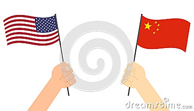 Hands holding flag between USA and China face to face for competition Vector Illustration