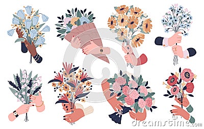 Hands holding flowers. Blooming bunches compositions, female arms, lovely romantic holiday gift, roses, botanical Vector Illustration