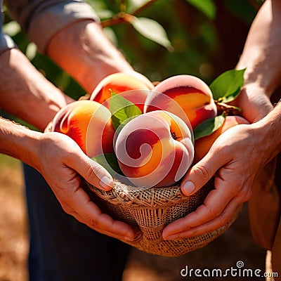 Hands holding fresh harvest crop of peaches in farm, agriculture indudstry Stock Photo