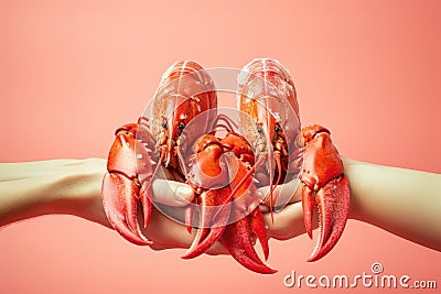 Hands holding fresh lobster on pastel background, fresh food ingredients, Healthy food Stock Photo