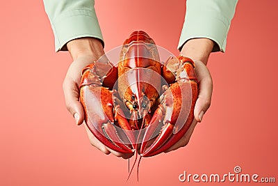 Hands holding fresh lobster on pastel background, fresh food ingredients, Healthy food Stock Photo