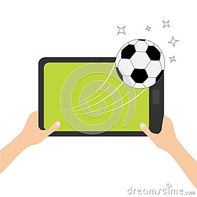 Hands holding genering tablet PC gadget. Soccer ball flying from touch screen. Male female teen hand and Tab with blank screen. St Vector Illustration