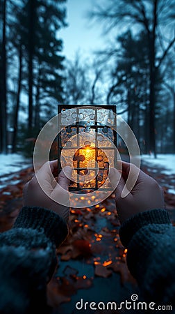 Hands holding glass pieces of puzzle against a snowy forest at sunset Stock Photo