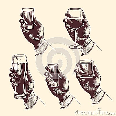 Hands holding glasses with drinks beer, tequila, vodka, rum, whiskey, wine. vector engraved illustration Vector Illustration