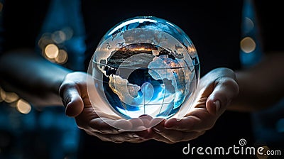 Hands holding glowing world globe Stock Photo