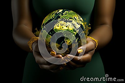 Hands holding green earth globe. Ecology environmental sustainability concept. generative AI Stock Photo