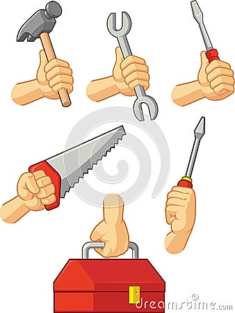 Hands Holding Hammer, Screwdriver, Wrench, Saw & Tool Box Vector Illustration