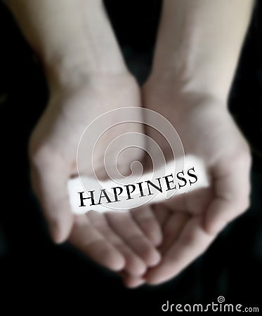 Hands Holding Happiness Word Sign Paper Stock Photo