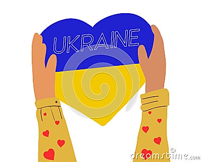 Hands holding a heart in the shape of the Ukrainian flag. Supporting the people against the war. Let there be peace. flat vector Vector Illustration