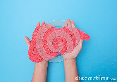 Hands holding a human liver from plasticine on a blue background. The concept of a healthy liver transplant. Donation Stock Photo