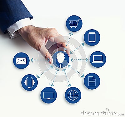 Hands holding icon customer network connection, Omni Channel Stock Photo