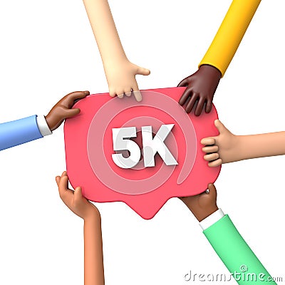 Hands holding a 5k social media followers banner label. 3D Rendering Stock Photo