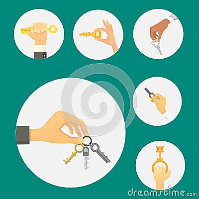 Hands holding key apartment selling human gesture sign security house concept vector illustration. Vector Illustration